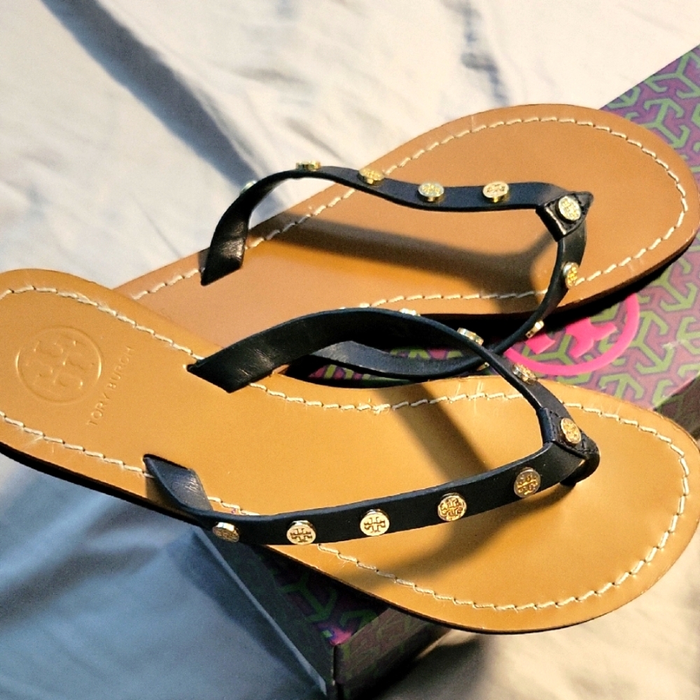 Tory Burch Navy and Tan Leather Sandals